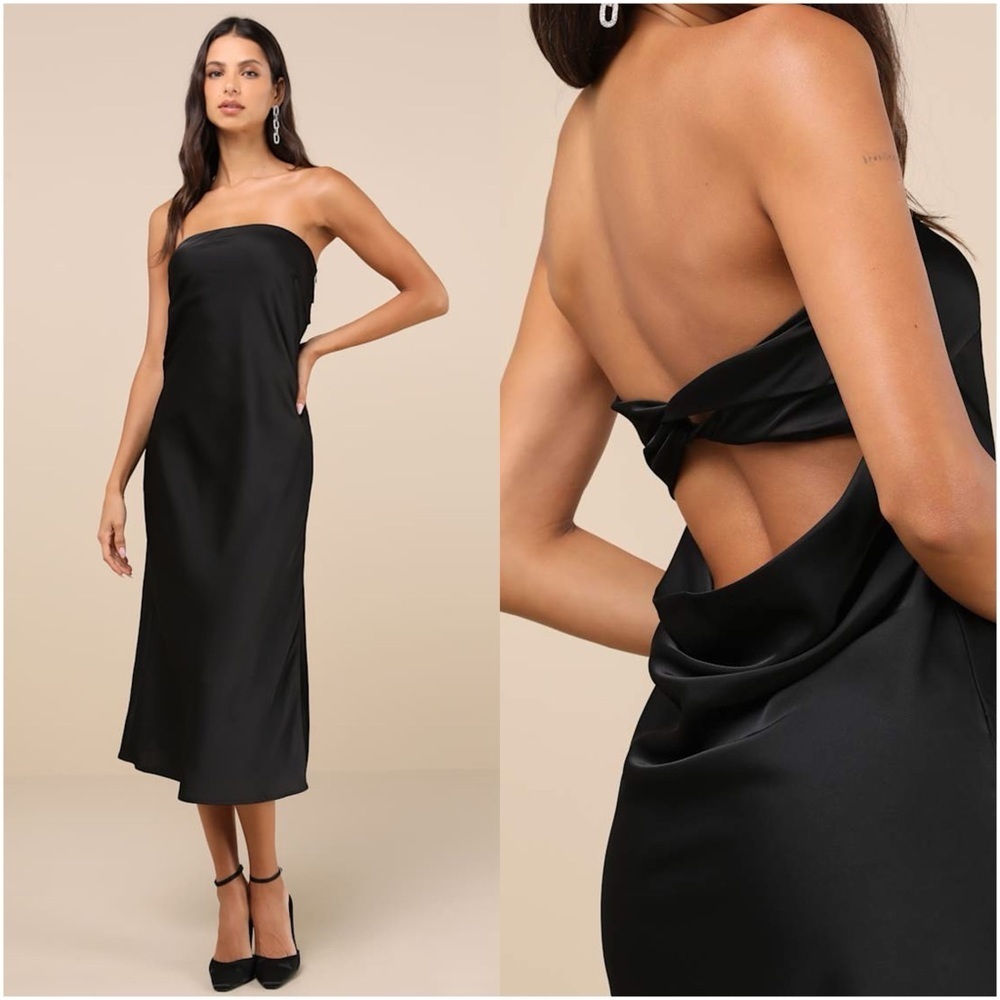 LULU'S Effortless Bliss Black Satin Strapless Cowl Back Midi Dress